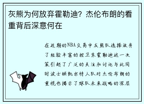 灰熊为何放弃霍勒迪？杰伦布朗的看重背后深意何在